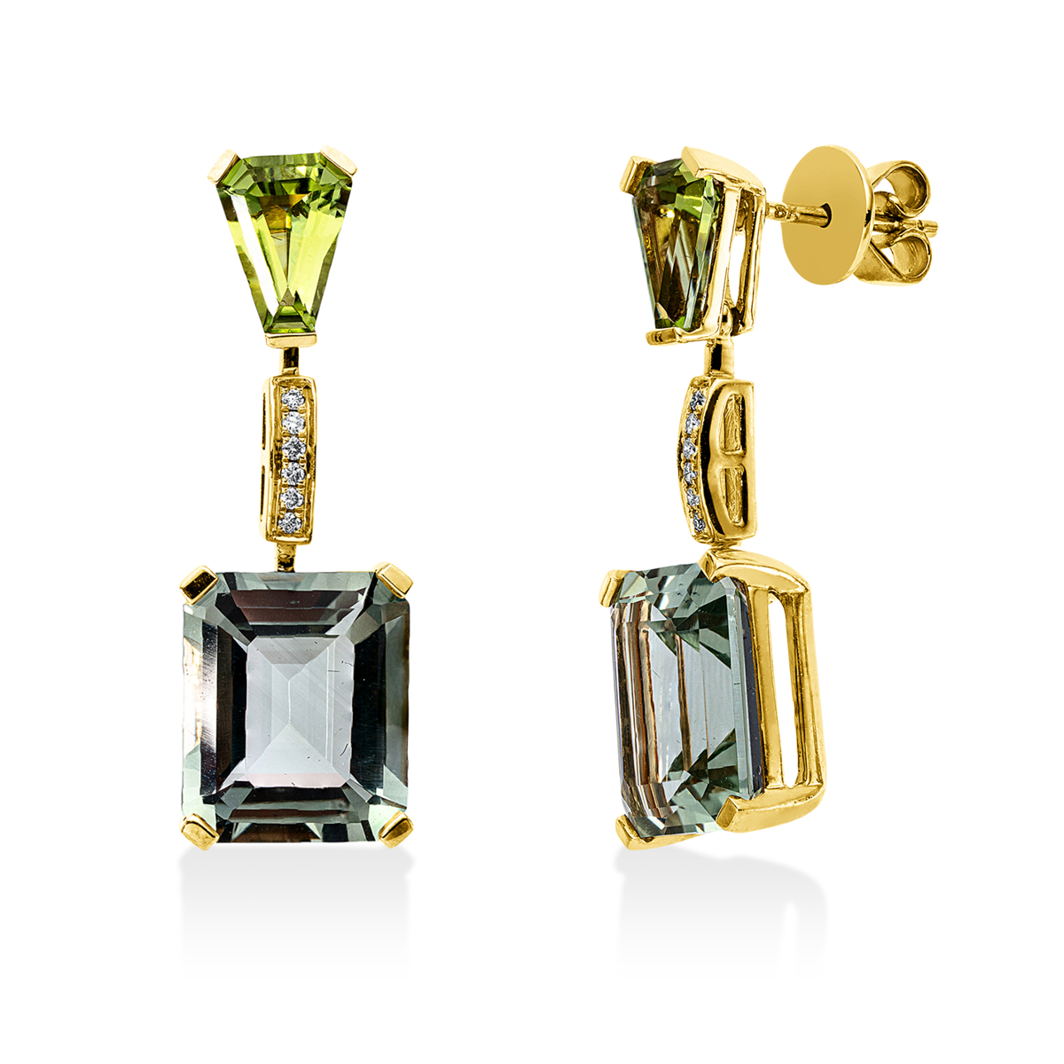 diamond full cut peridot colored stone fashion earrings in yellow gold