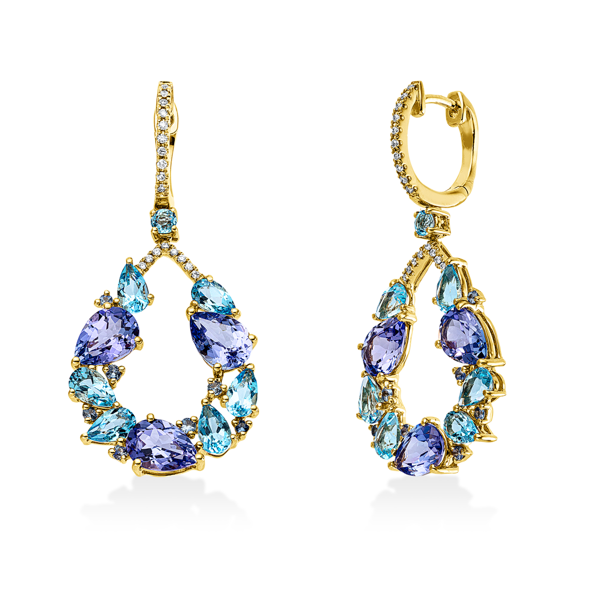 diamond full cut sapphire colored stone fashion earrings in yellow gold
