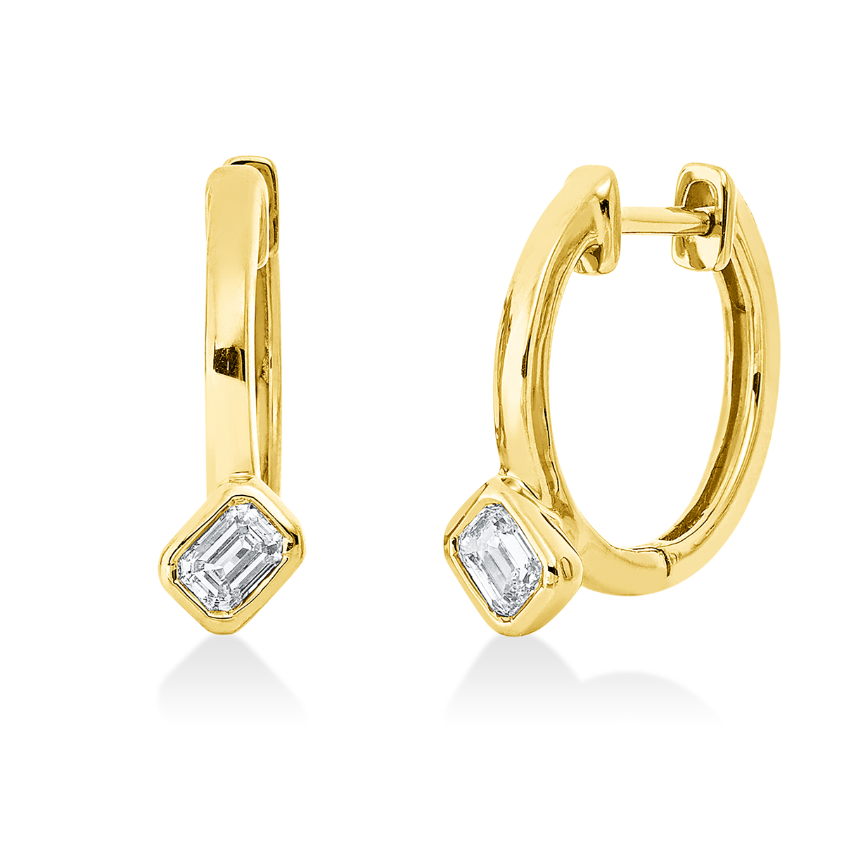 emerald cut baguette hoops & huggies in yellow gold