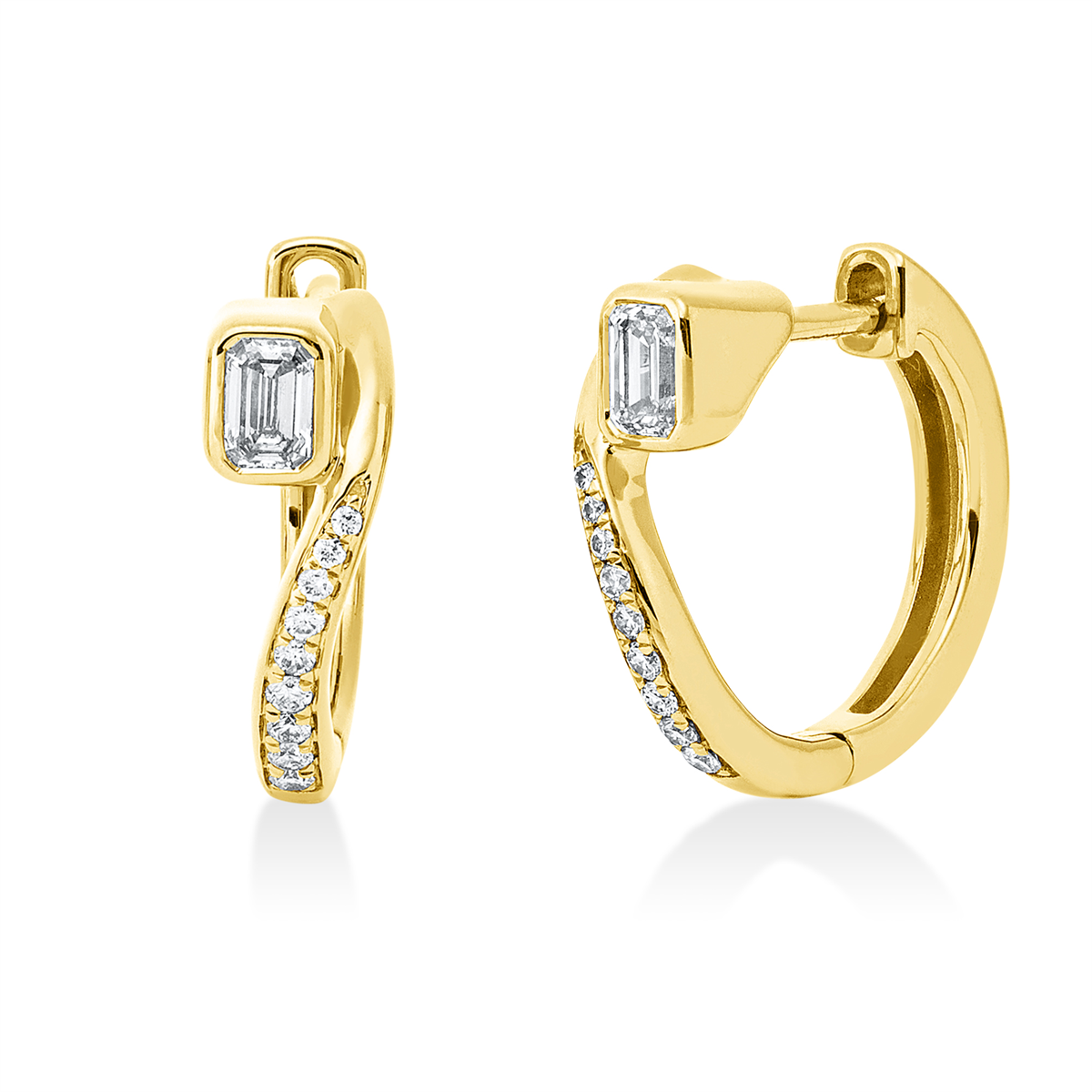 diamond full cut baguette hoops & huggies in yellow gold