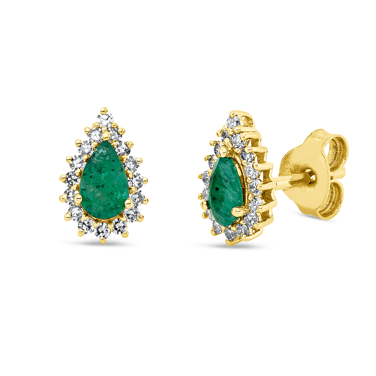 diamond single cut emerald colored stone classic studs in yellow gold