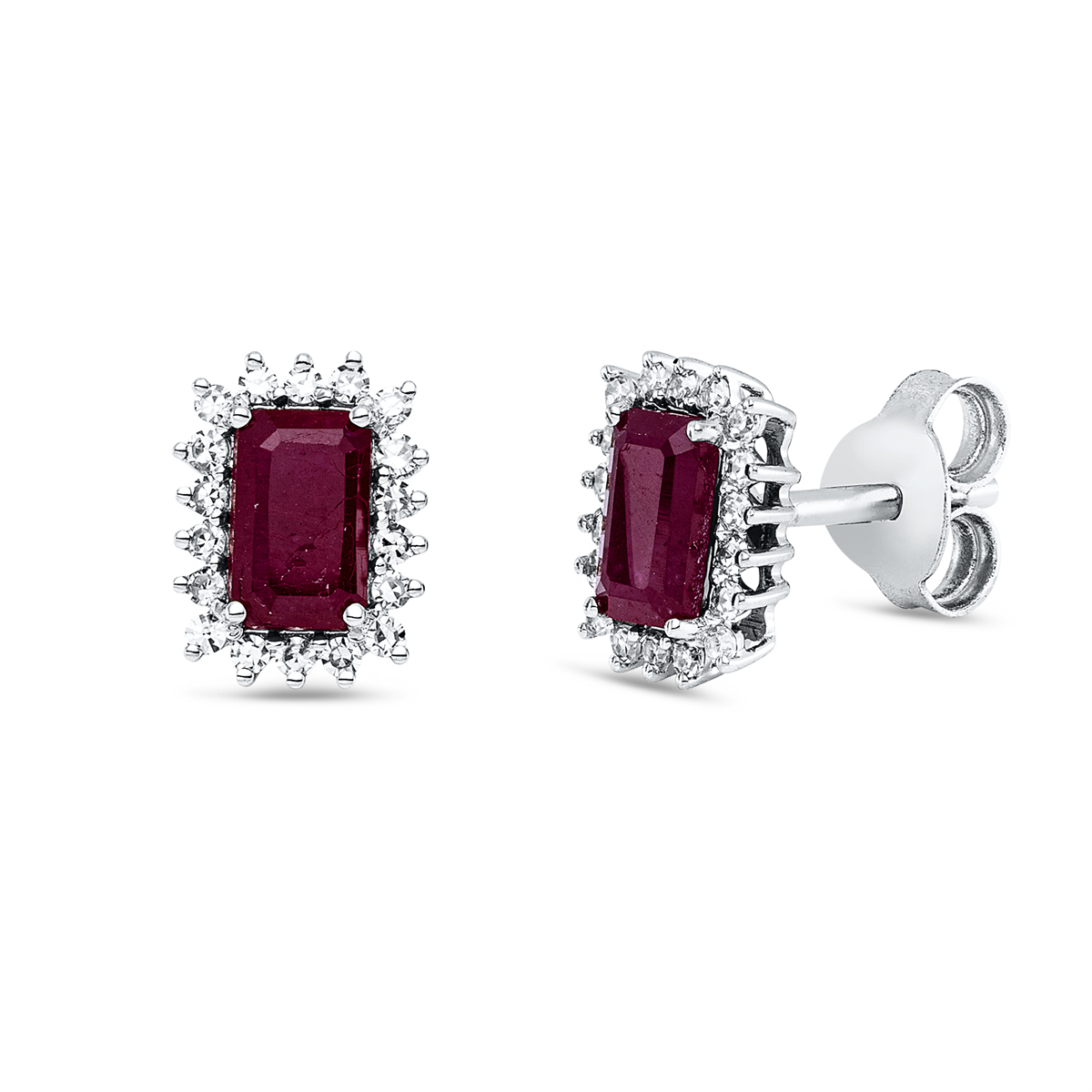 diamond single cut ruby colored stone classic studs in white gold