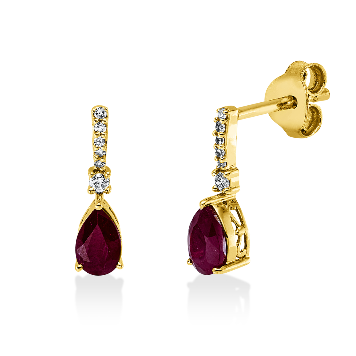 diamond single cut ruby colored stone classic earrings in yellow gold