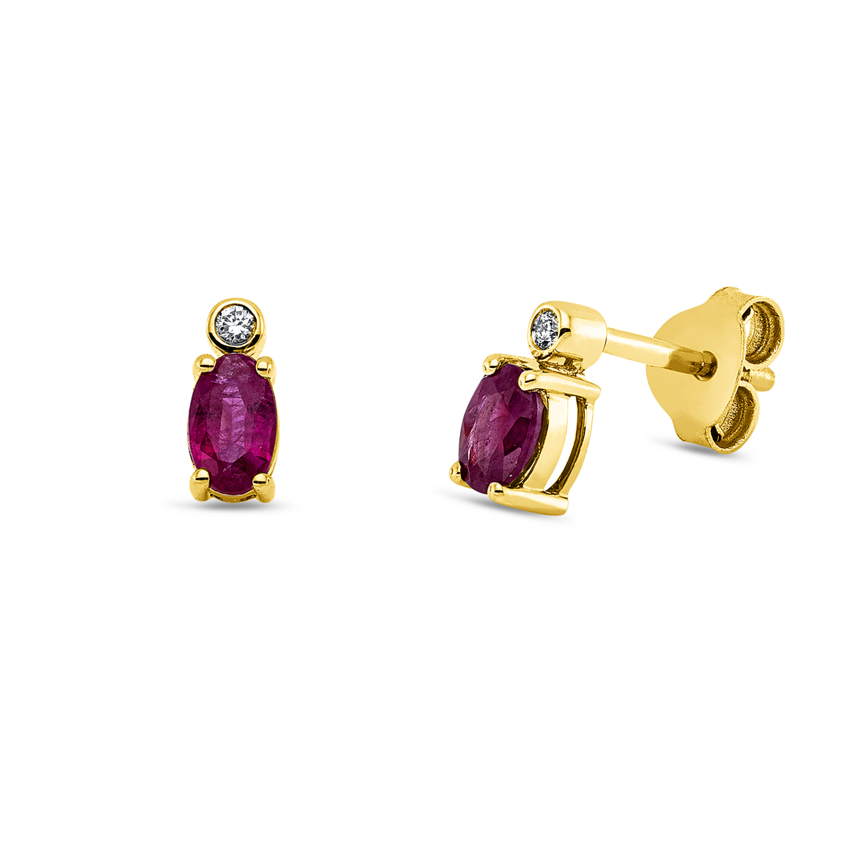 diamond full cut ruby colored stone classic studs in yellow gold