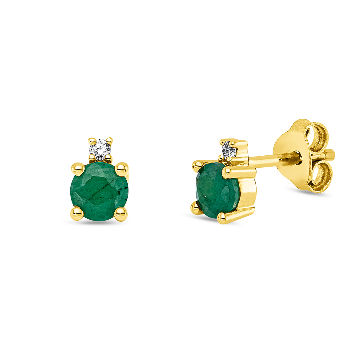 diamond full cut emerald colored stone classic studs in yellow gold