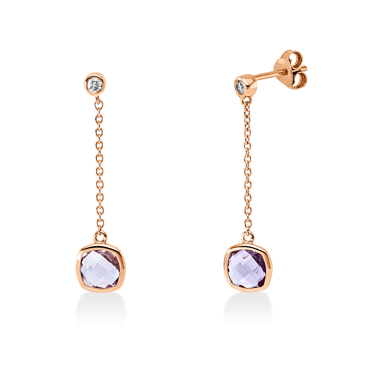 diamond full cut amethyst colored stone fashion earrings in red gold