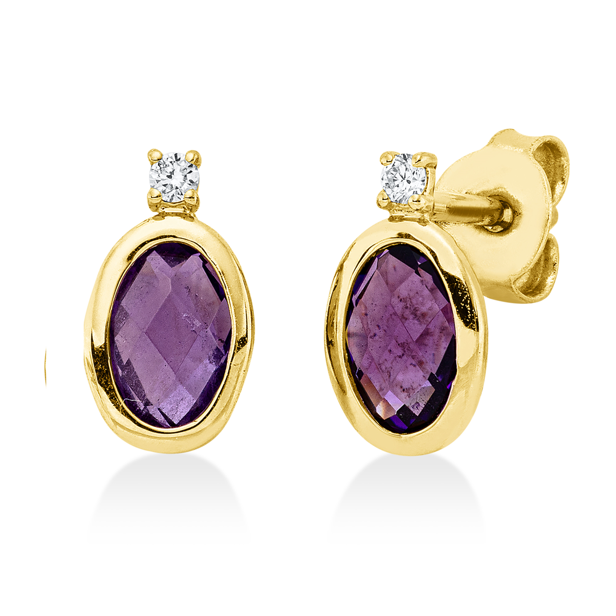 diamond full cut amethyst colored stone fashion studs in yellow gold
