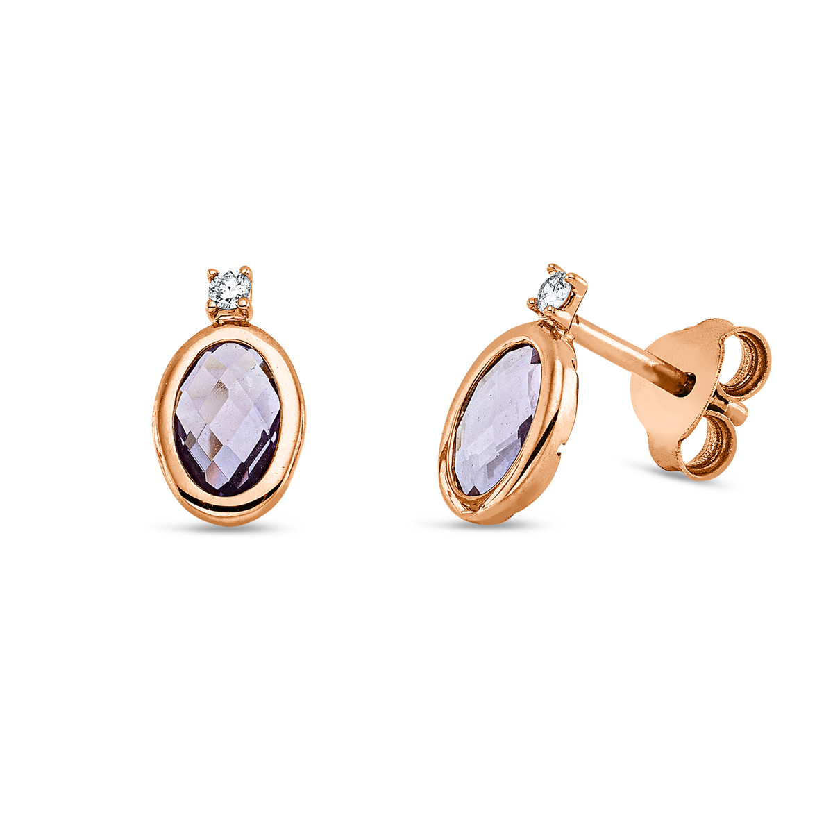 diamond full cut amethyst colored stone fashion studs in red gold