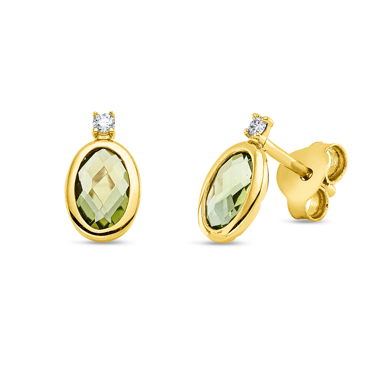 diamond full cut peridot colored stone fashion studs in yellow gold