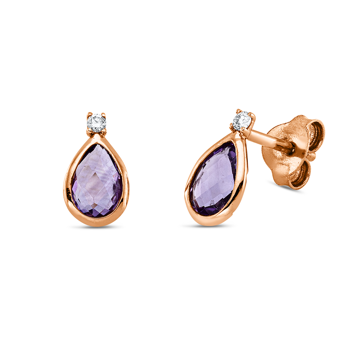 diamond full cut amethyst colored stone fashion studs in red gold