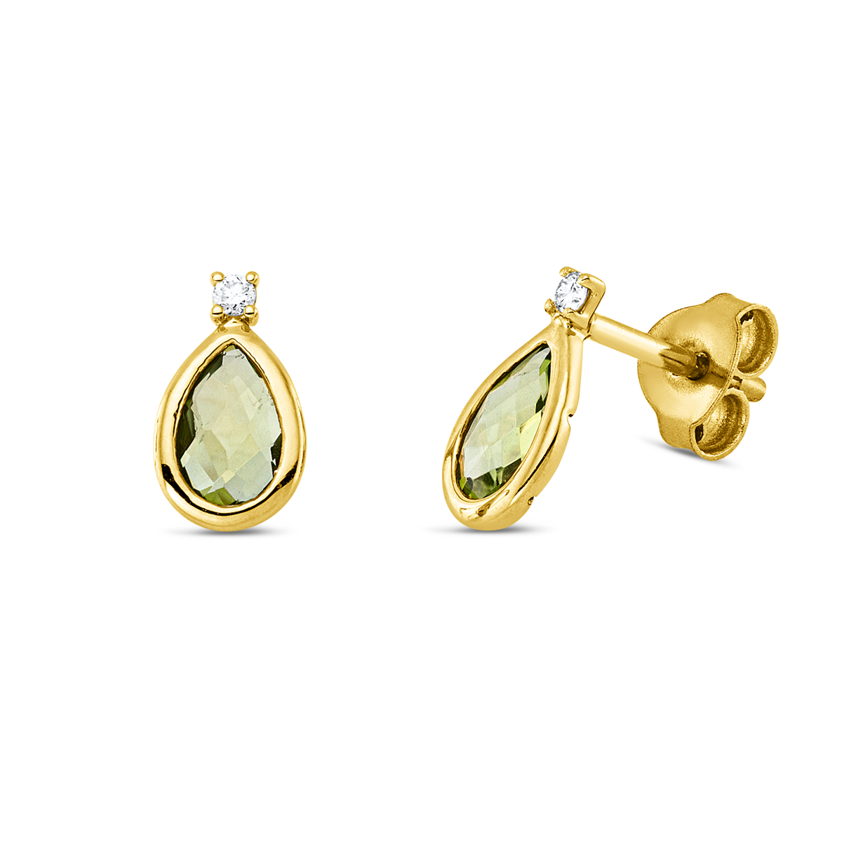 diamond full cut peridot colored stone fashion studs in yellow gold