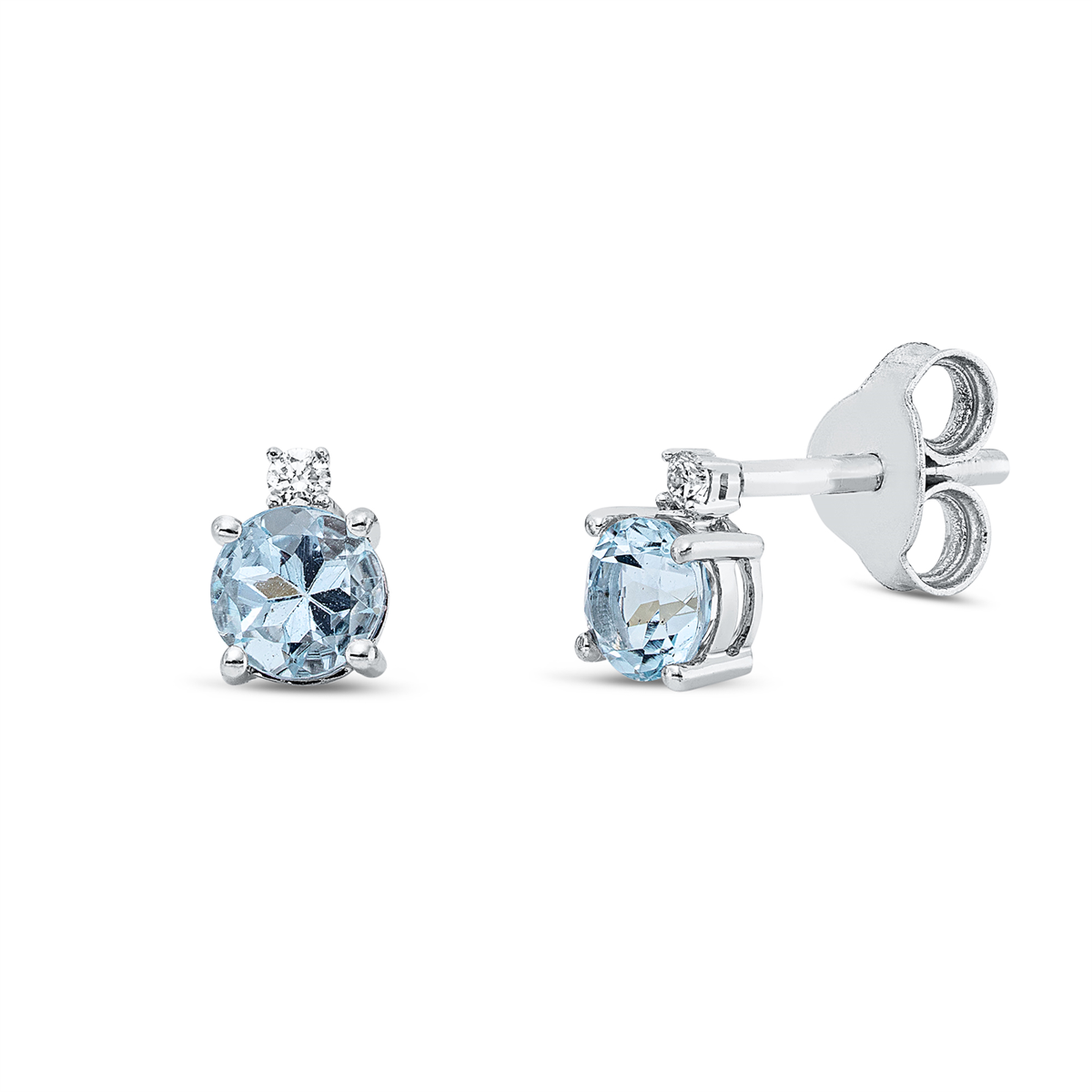 diamond full cut aquamarine colored stone classic studs in white gold