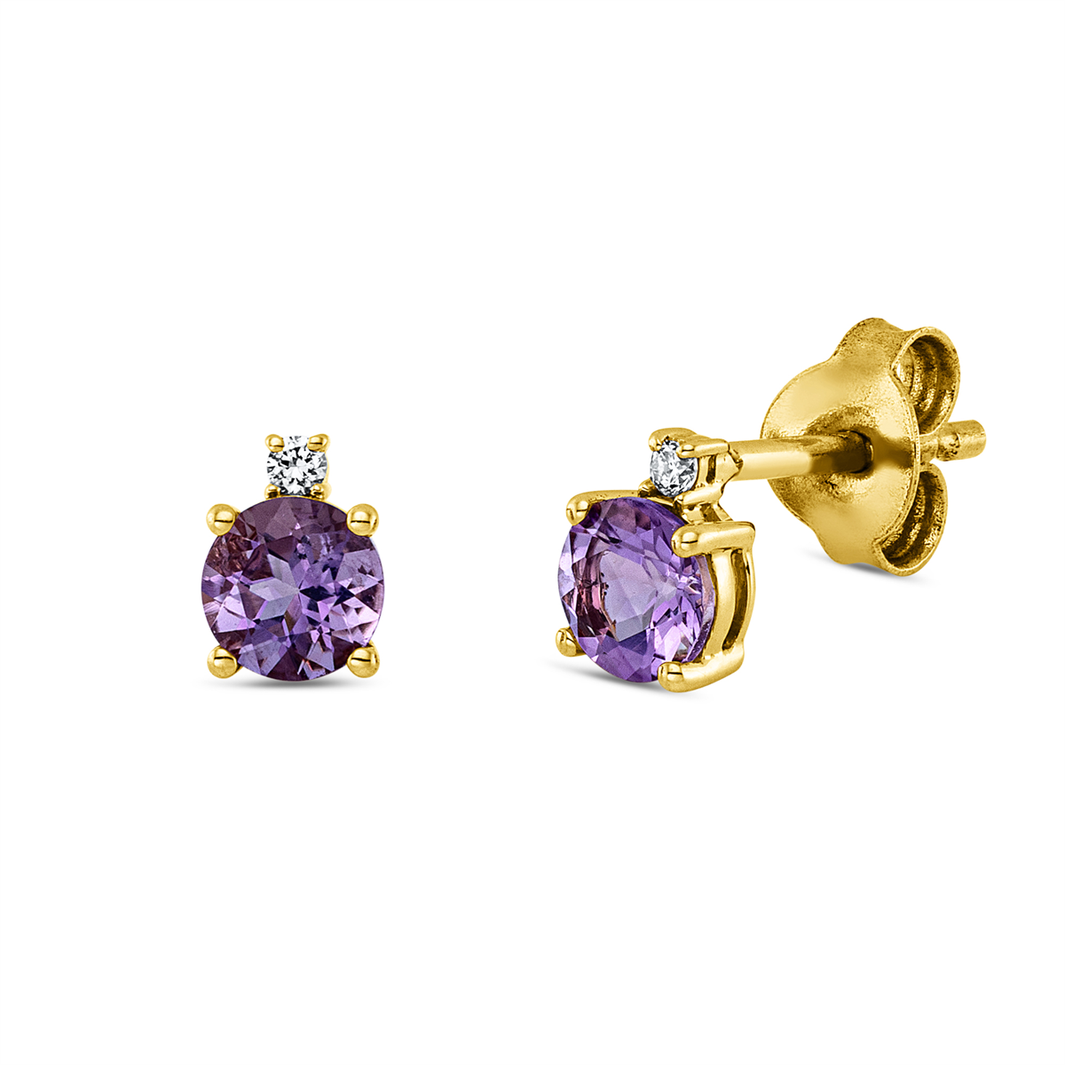 diamond full cut amethyst colored stone fashion studs in red gold