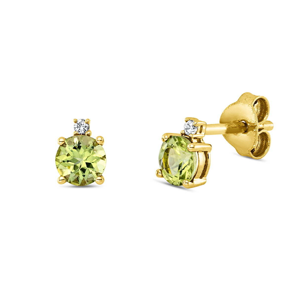 diamond full cut peridot colored stone fashion studs in yellow gold