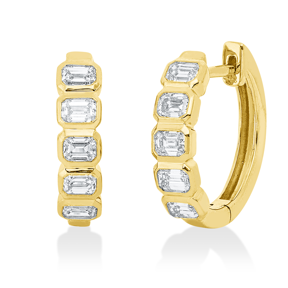 emerald cut baguette hoops & huggies in yellow gold