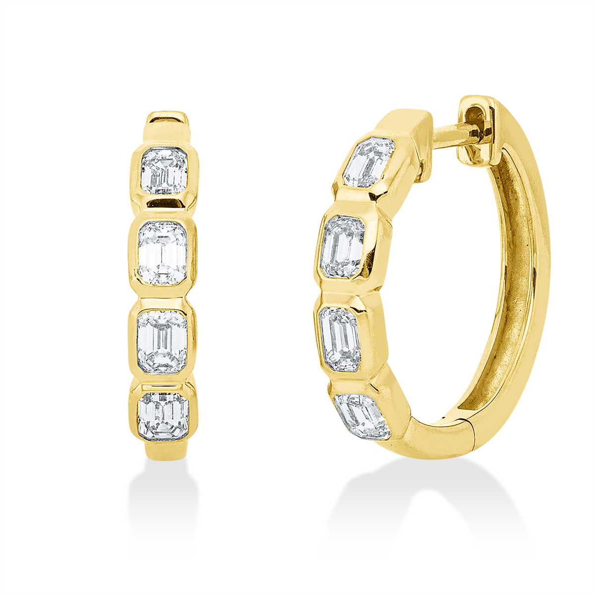 emerald cut baguette hoops & huggies in yellow gold
