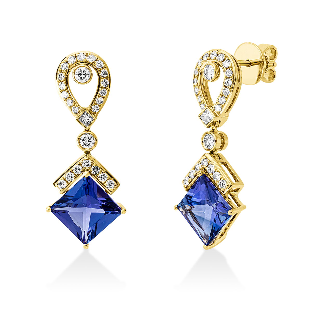 diamond full cut tanzanite colored stone classic earrings in yellow gold
