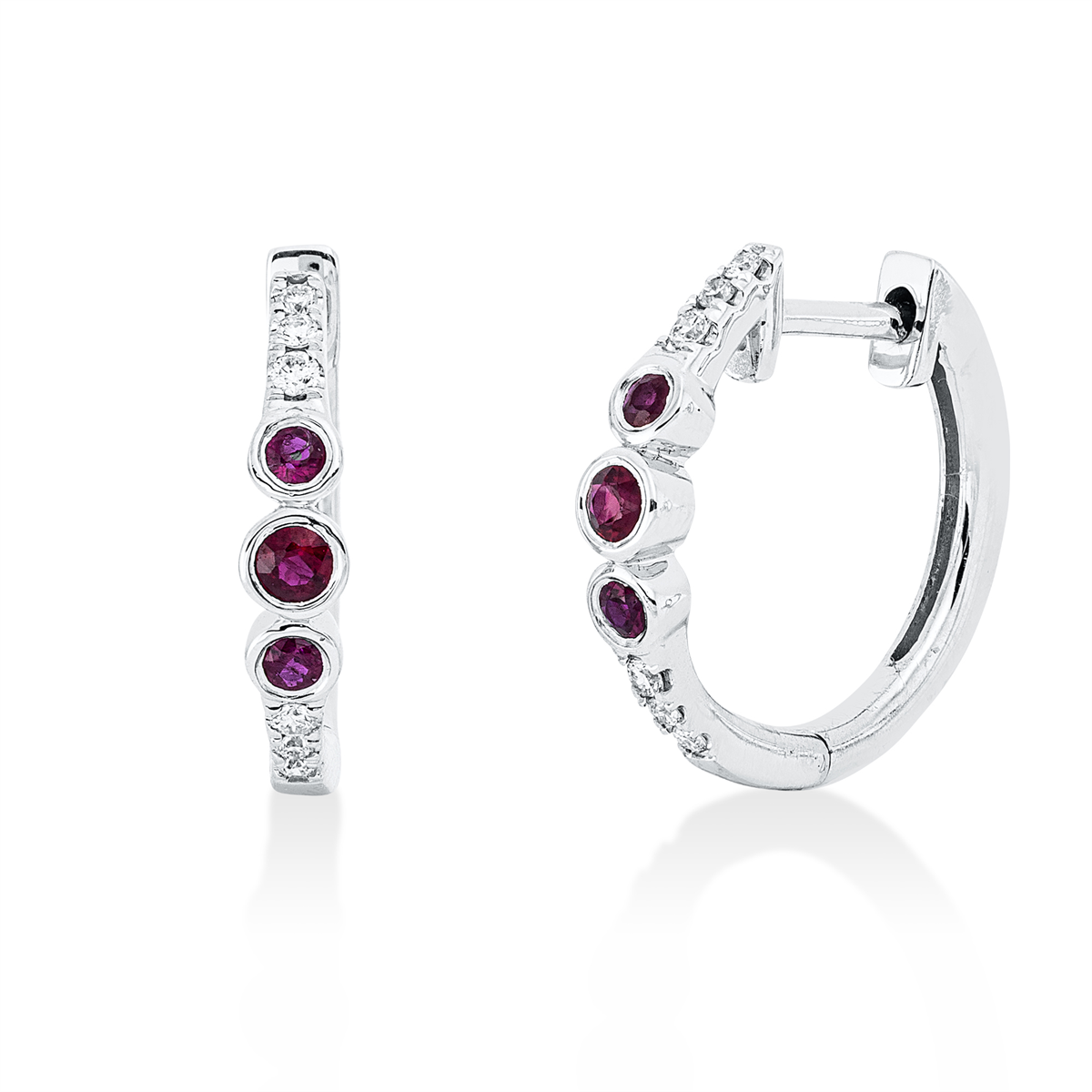 diamond full cut ruby colored stone classic hoops & huggies in white gold