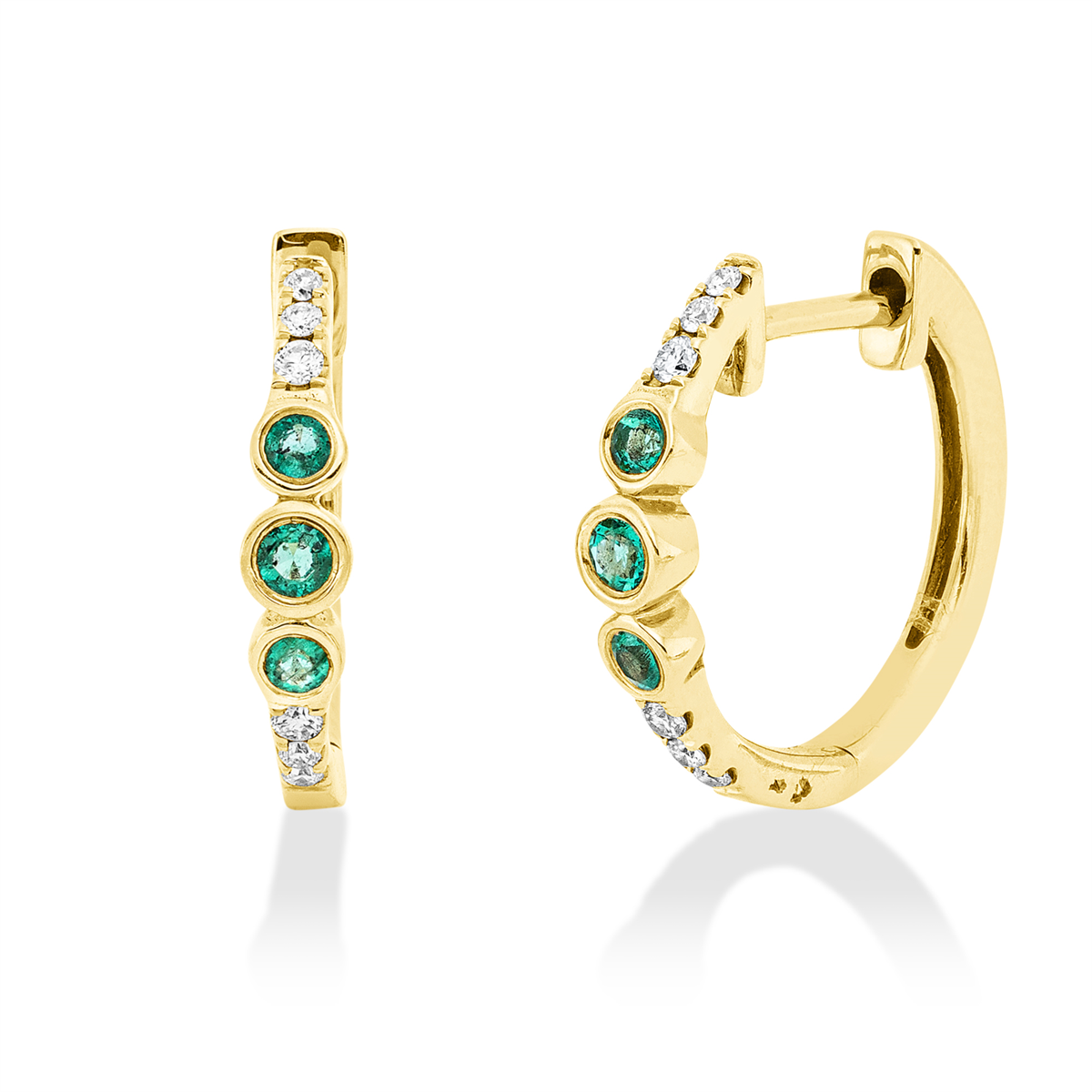 diamond full cut emerald colored stone classic hoops & huggies in yellow gold