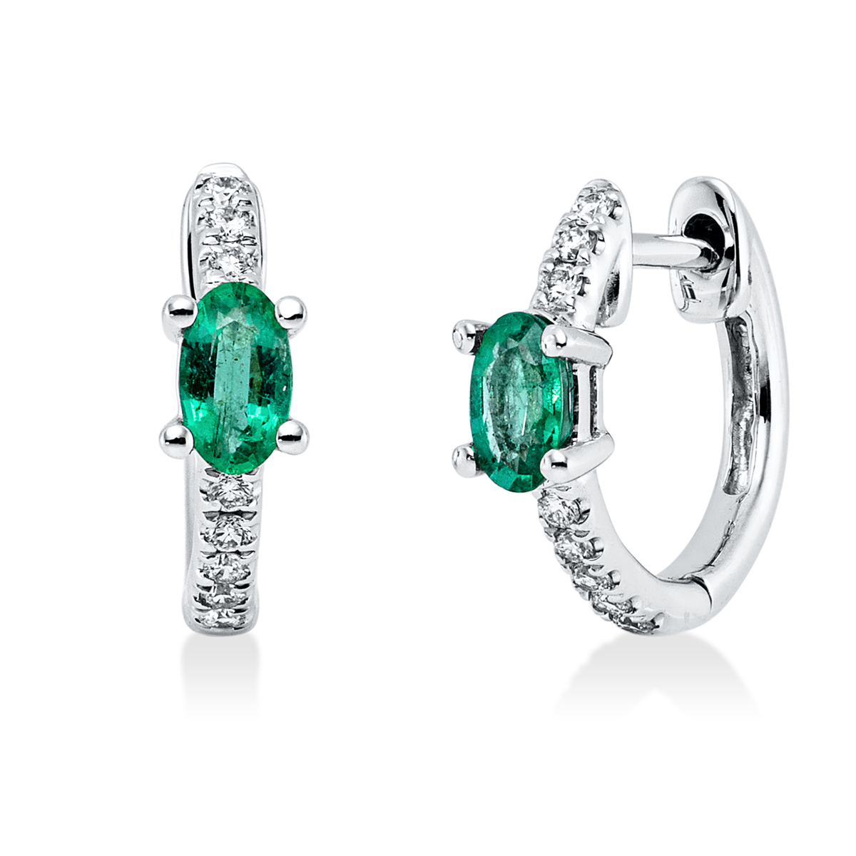diamond full cut emerald colored stone classic hoops & huggies in white gold