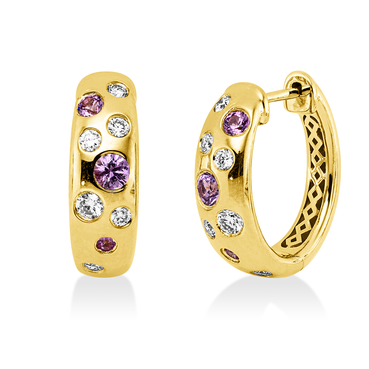 diamond full cut sapphire colored stone classic hoops & huggies in yellow gold