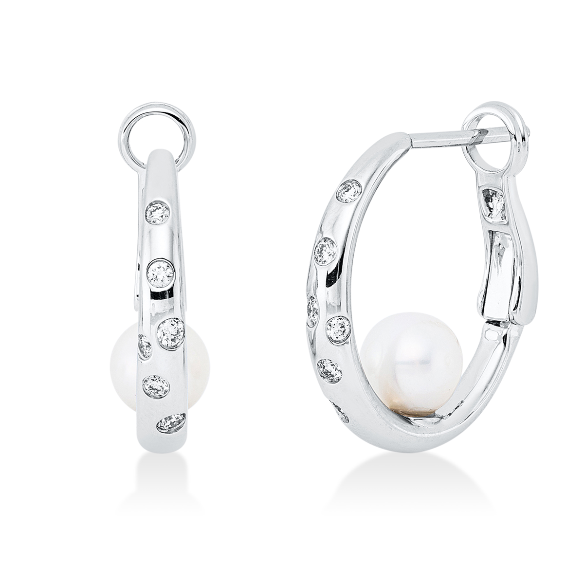 diamond full cut pearl hoops & huggies in white gold