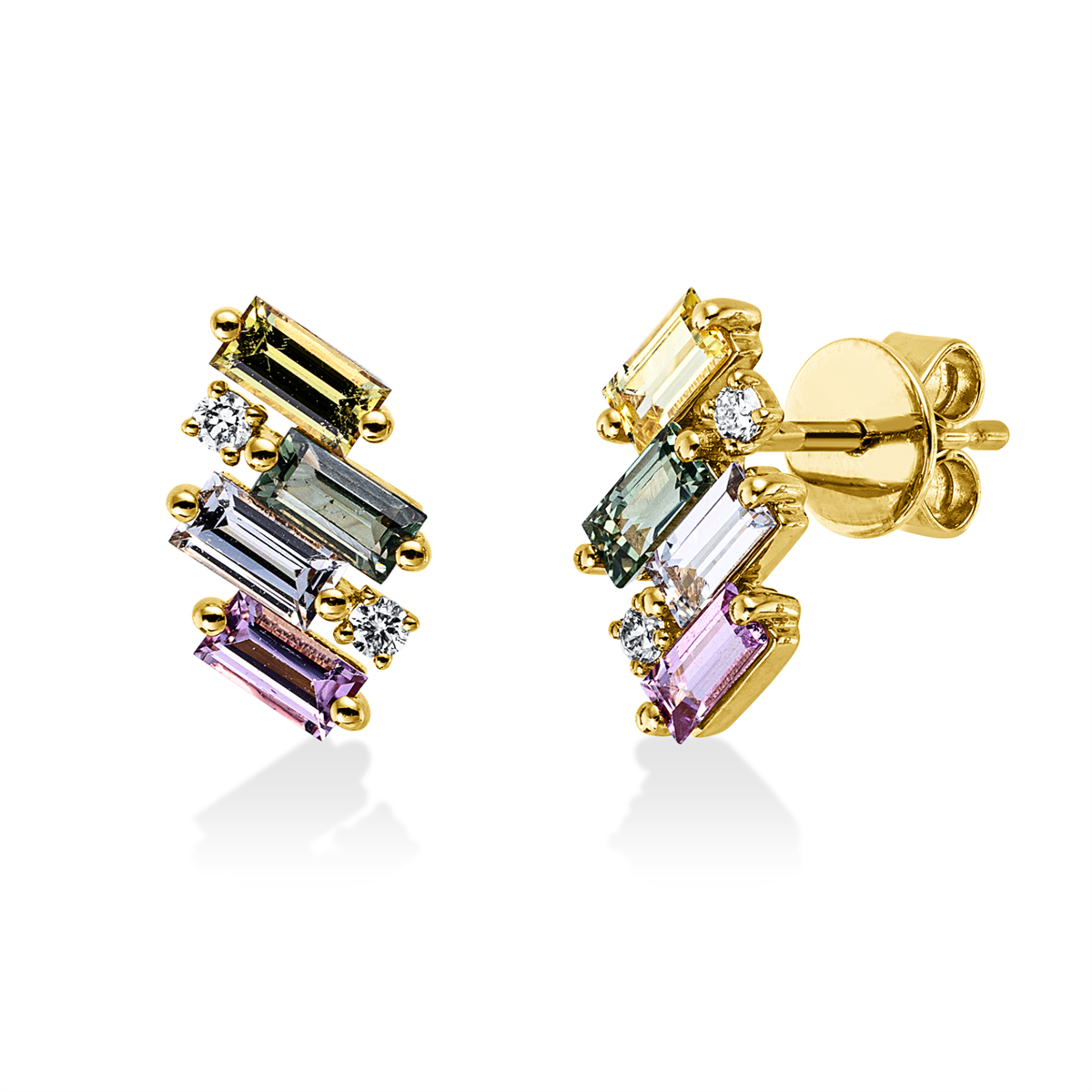 diamond full cut sapphire colored stone classic studs in yellow gold