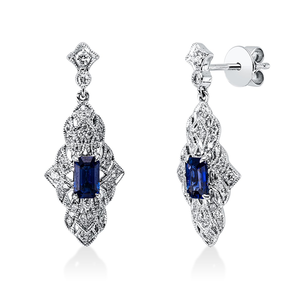 diamond full cut sapphire colored stone classic earrings in white gold