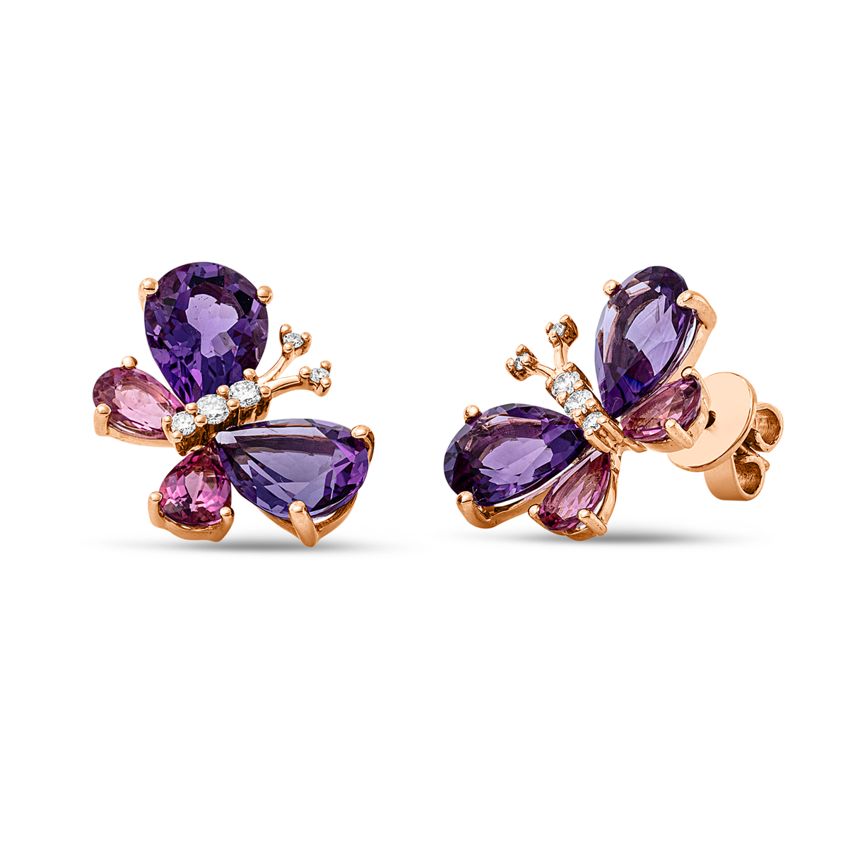diamond full cut tourmaline colored stone fashion studs in red gold