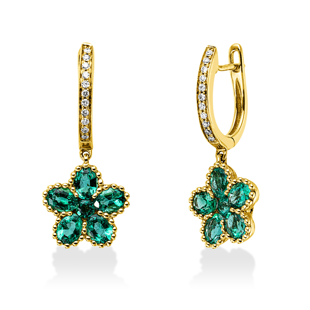 diamond full cut emerald colored stone classic earrings in yellow gold