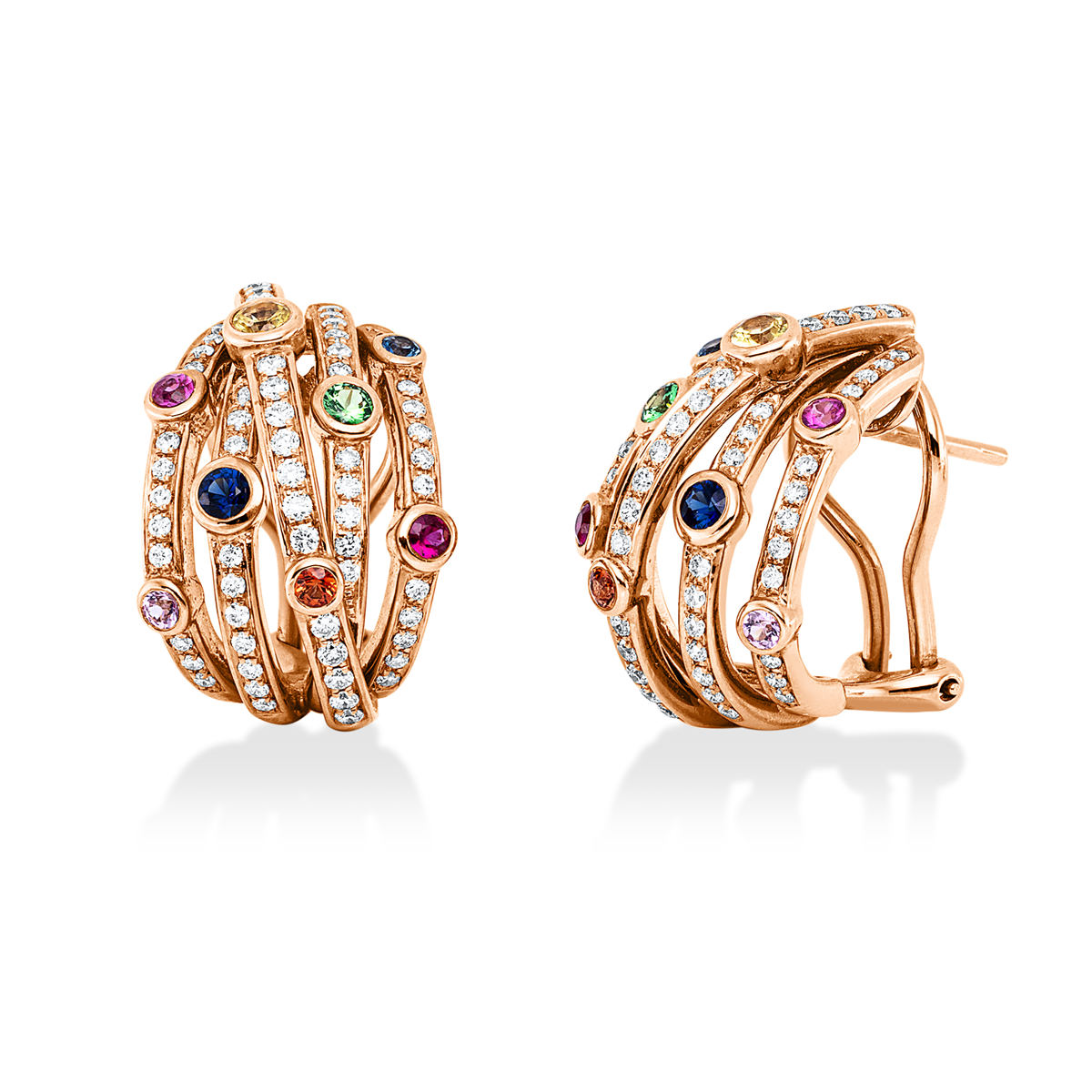 diamond full cut ruby colored stone classic hoops & huggies in red gold