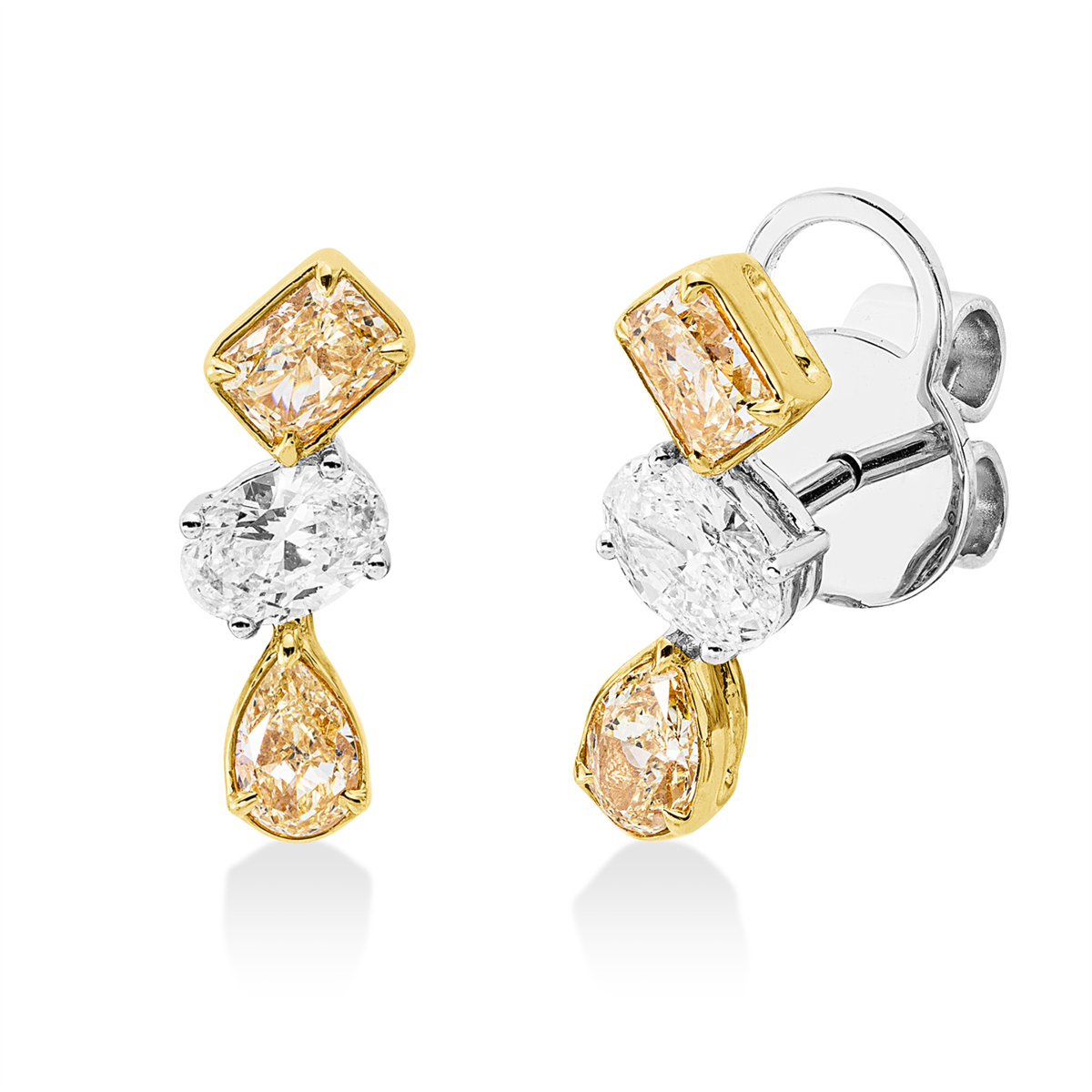 radiant cut fancy colored diamond studs in white gold / yellow gold