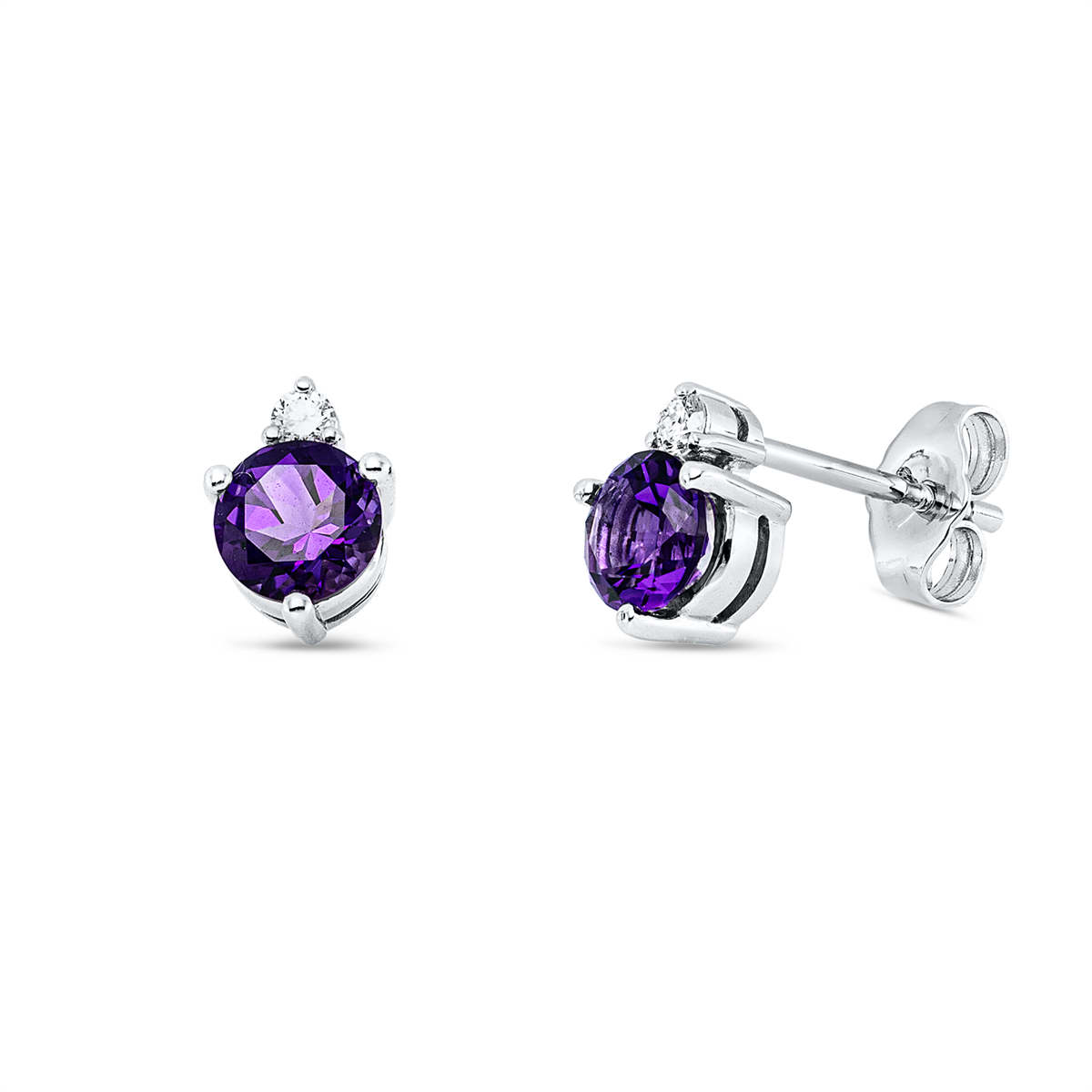 diamond full cut amethyst colored stone fashion studs in white gold