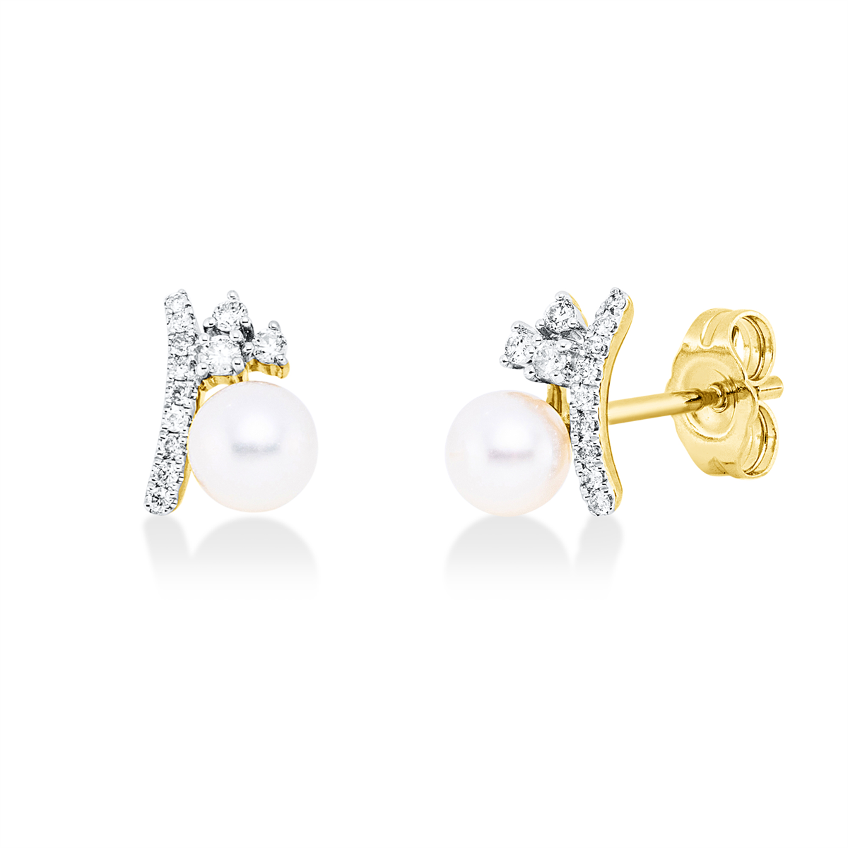 diamond full cut pearl studs in yellow gold / white gold