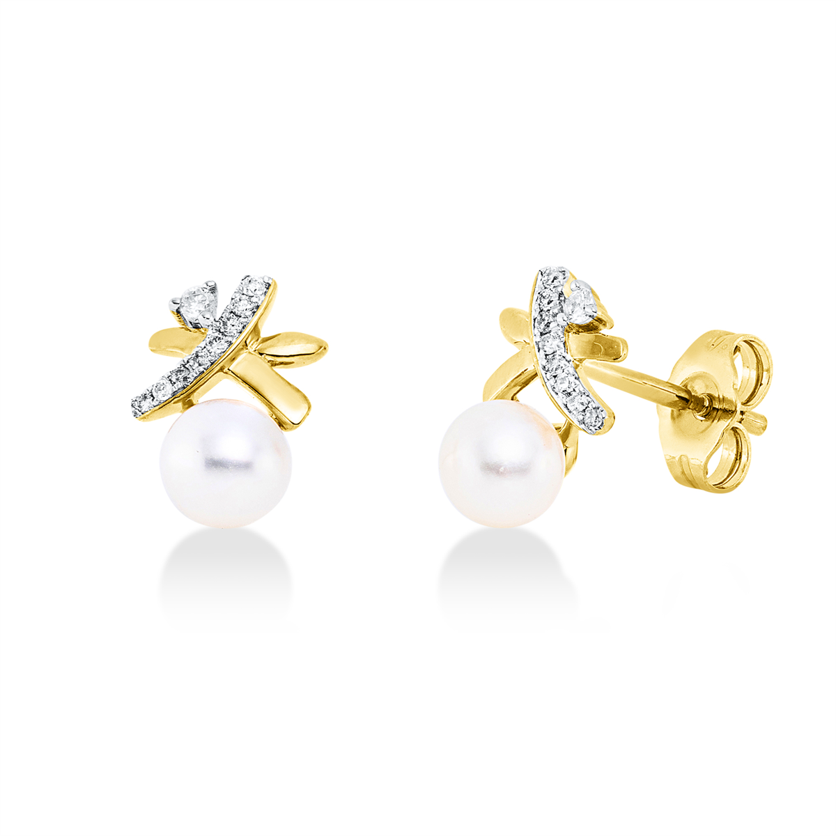 diamond full cut pearl studs in yellow gold / white gold