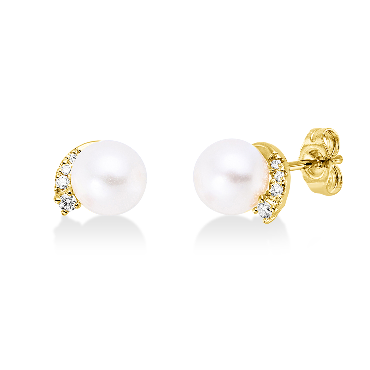diamond full cut pearl studs in yellow gold