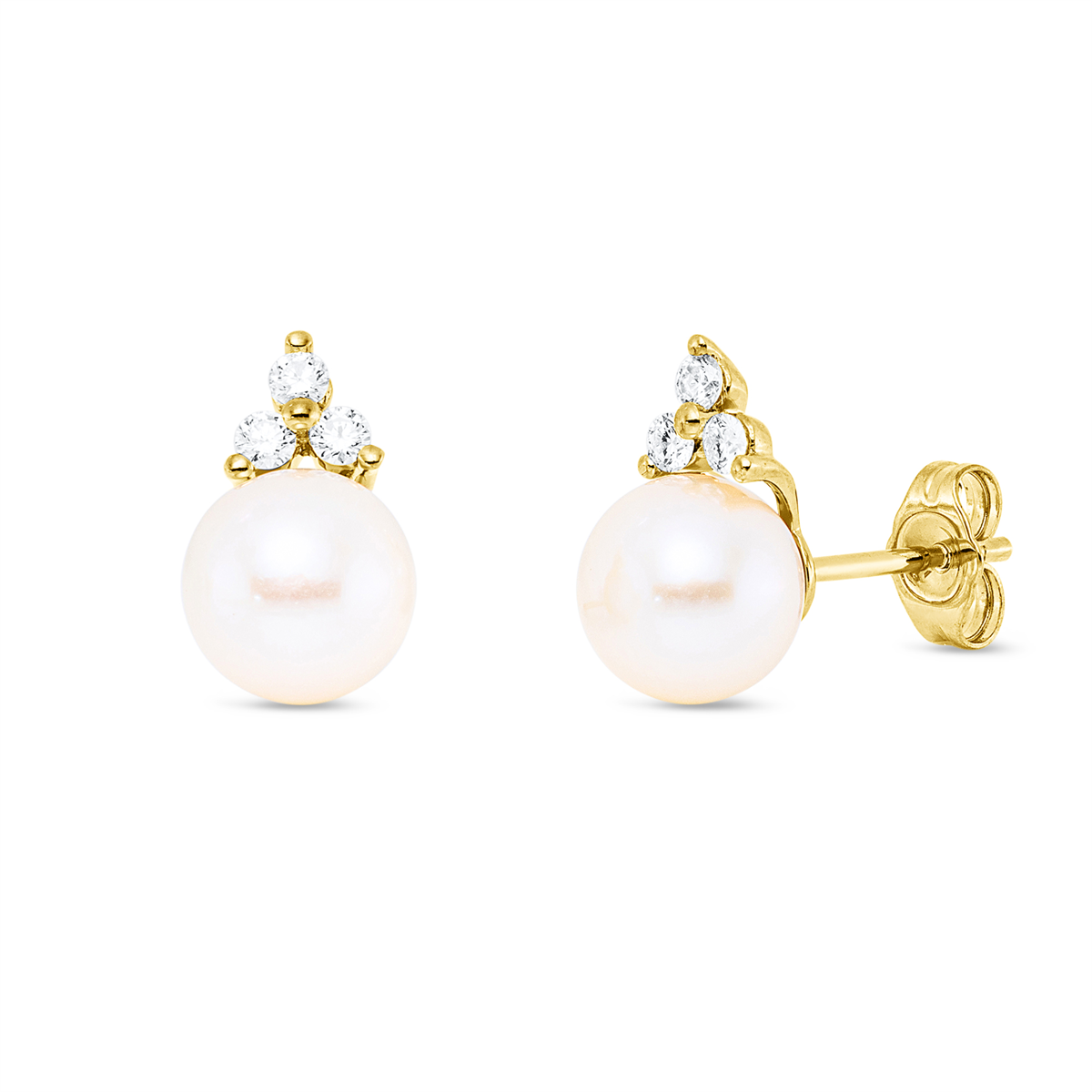 diamond full cut pearl studs in yellow gold