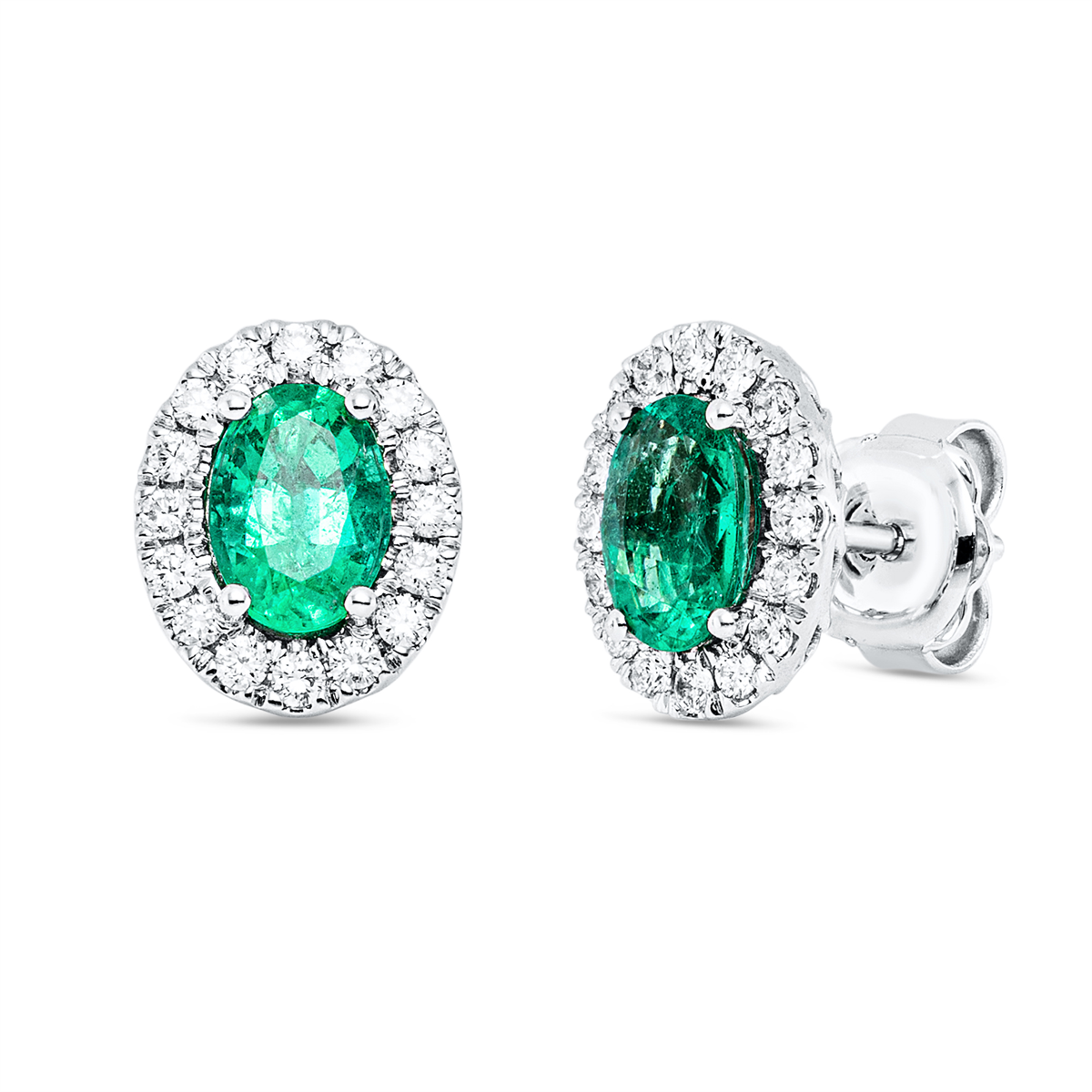 diamond full cut emerald colored stone classic studs in white gold