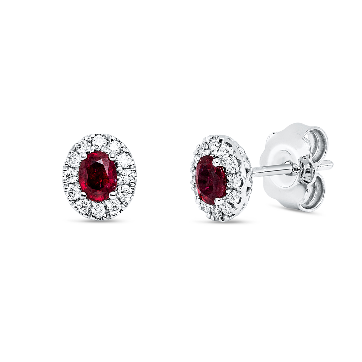 diamond full cut ruby colored stone classic studs in white gold