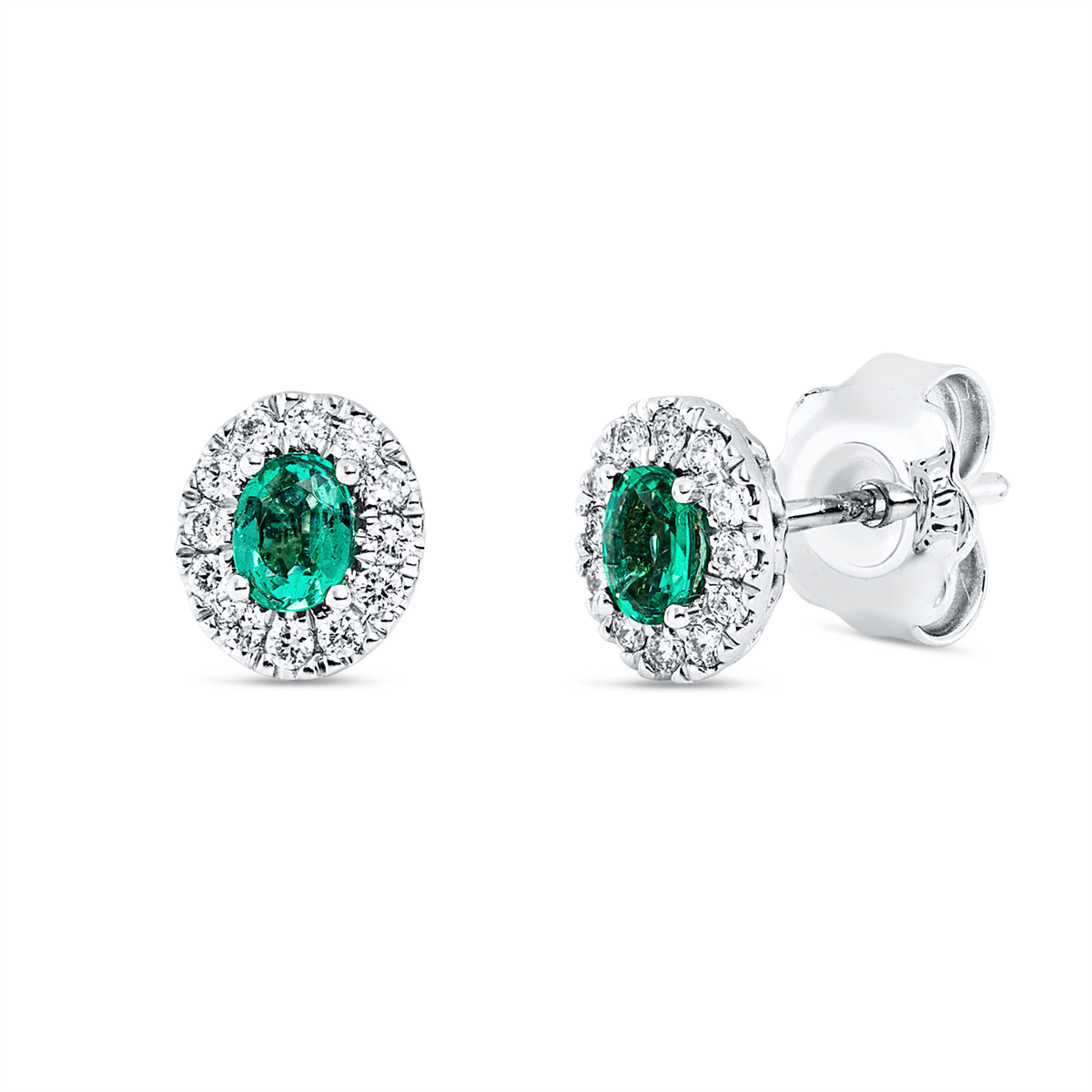 diamond full cut emerald colored stone classic studs in white gold