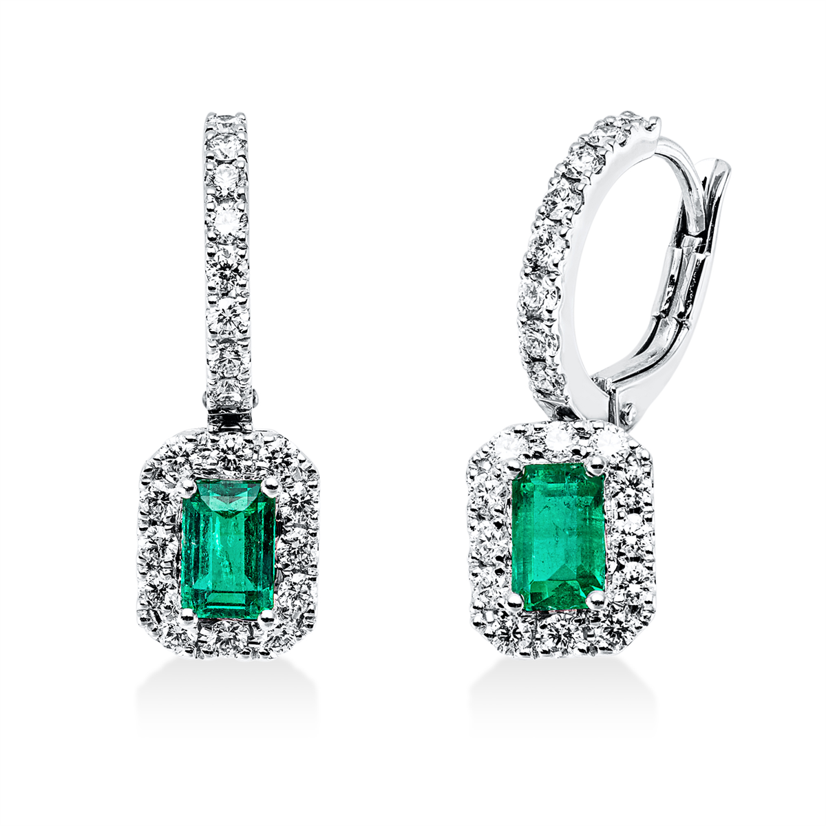 diamond full cut emerald colored stone classic earrings in white gold
