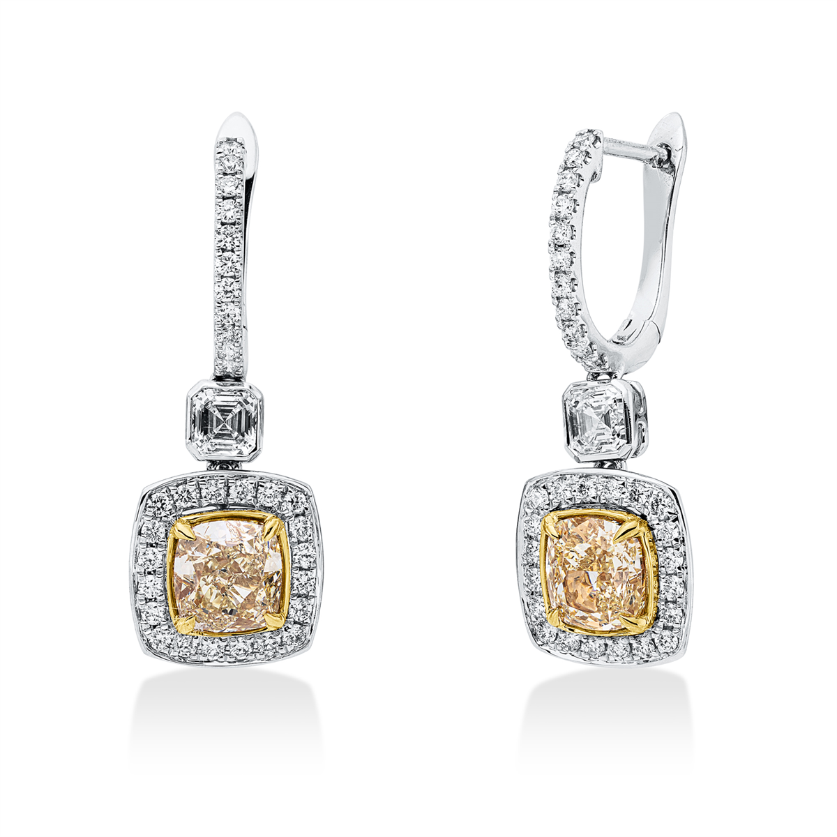 cushion fancy colored diamond earrings in white gold / yellow gold