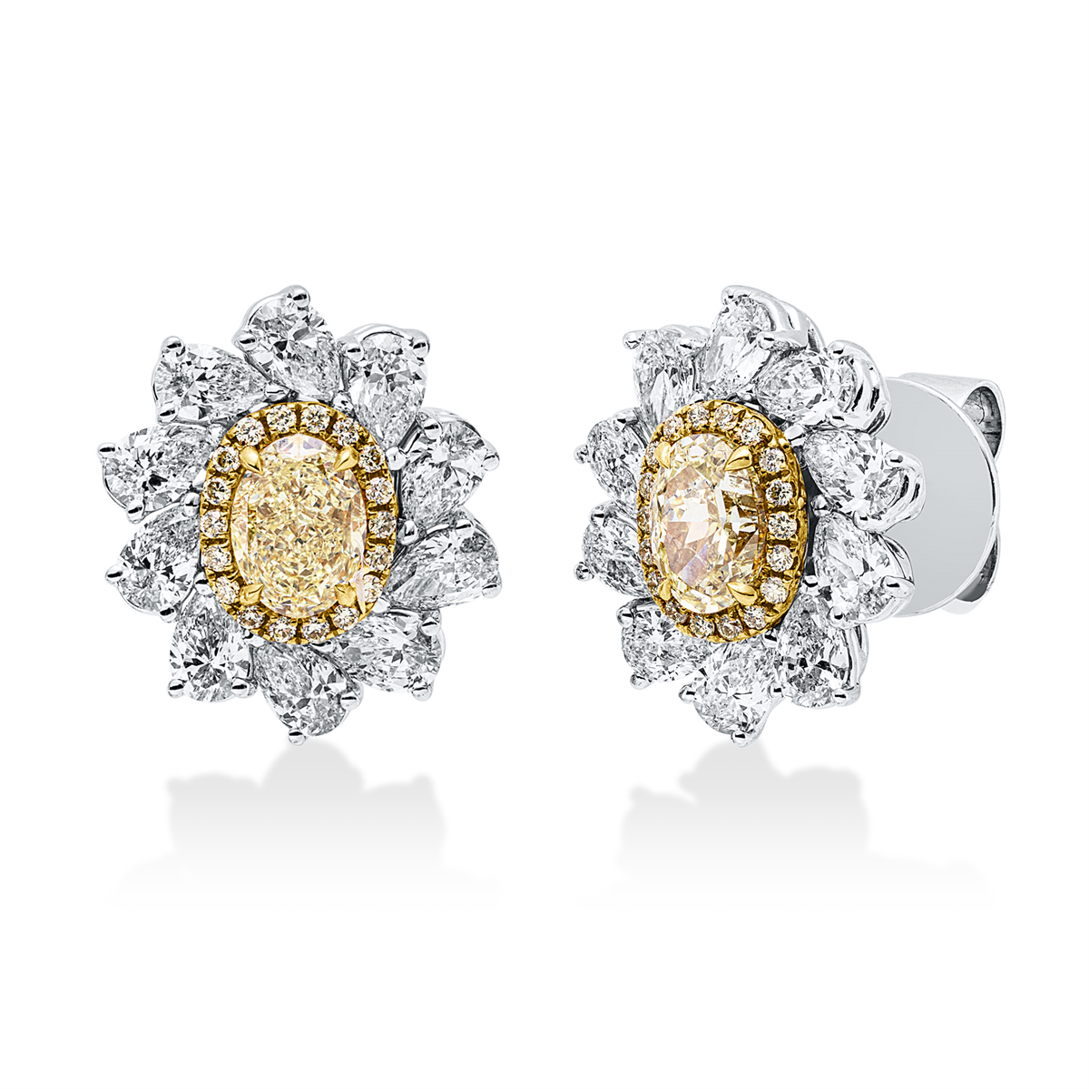 diamond full cut fancy colored diamond studs in white gold / yellow gold