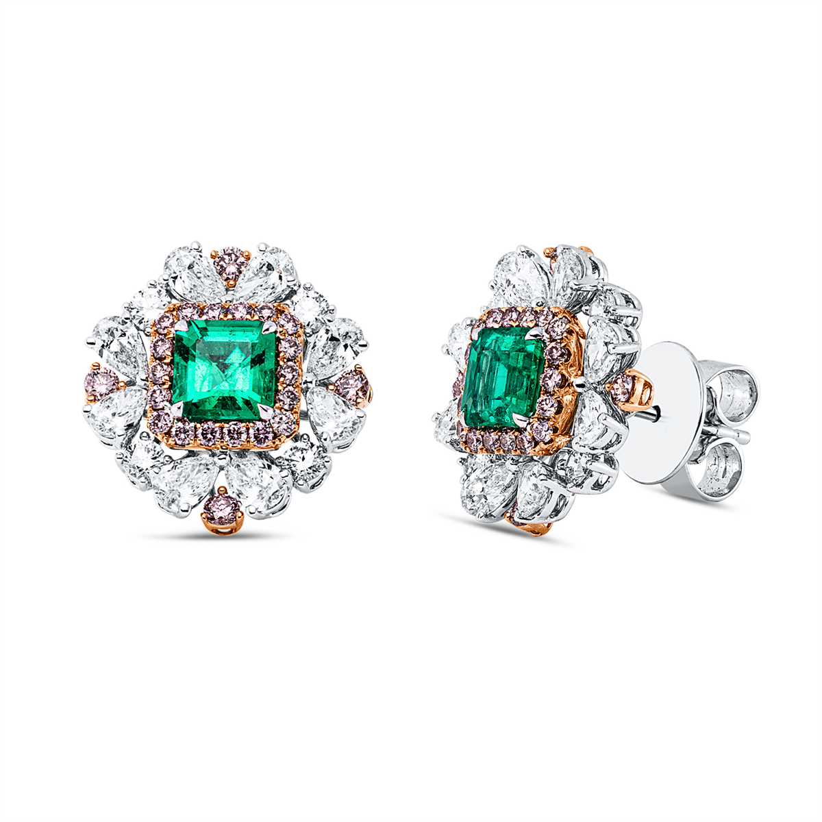 diamond full cut emerald colored stone classic studs in whitegold / rosegold