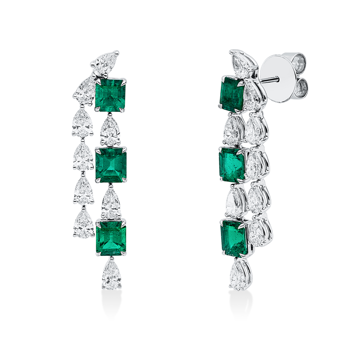 pear shape emerald colored stone classic earrings in white gold