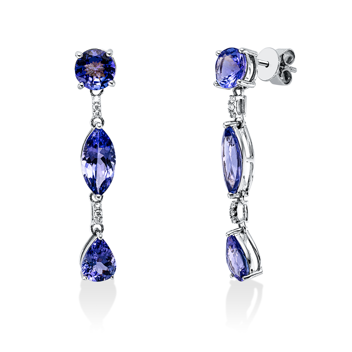 diamond full cut tanzanite colored stone classic earrings in white gold