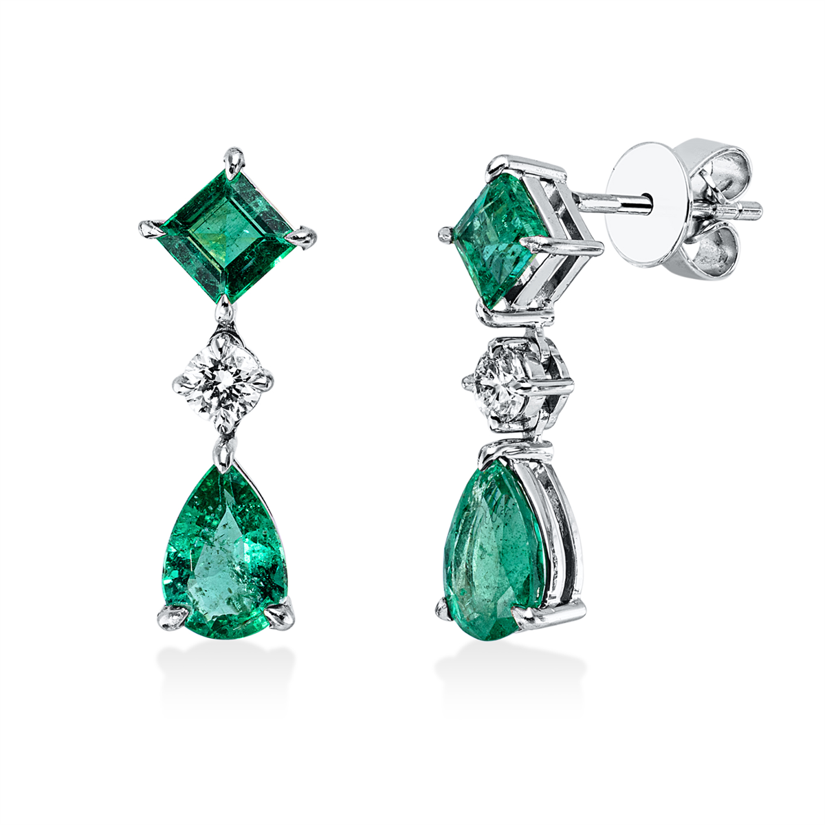 diamond full cut emerald colored stone classic earrings in white gold