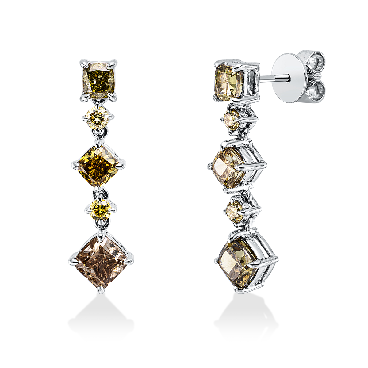 diamond full cut fancy colored diamond earrings in white gold
