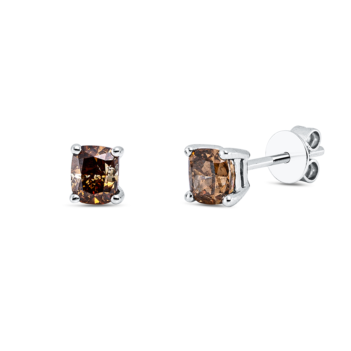 cushion fancy colored diamond studs in white gold