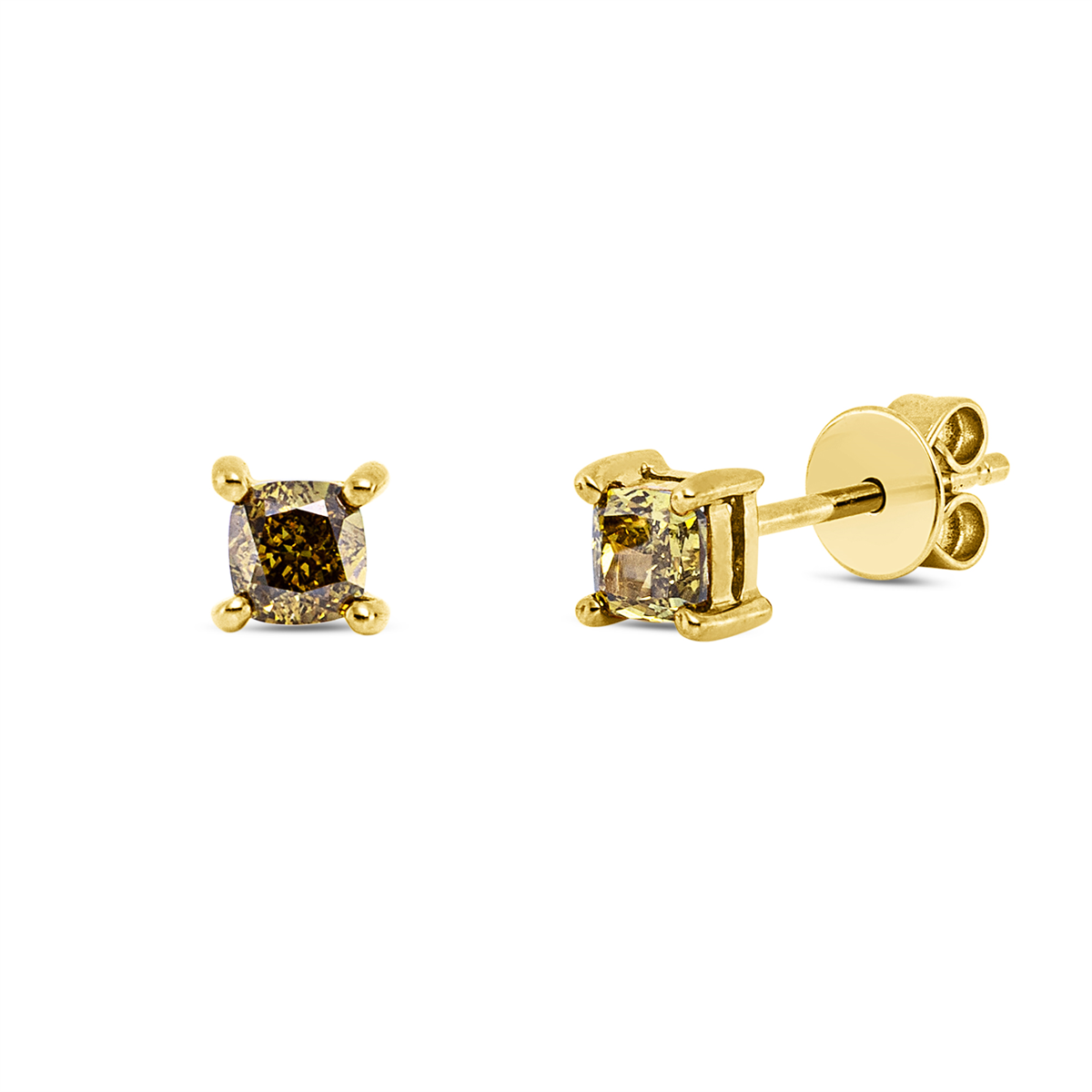 cushion fancy colored diamond studs in yellow gold